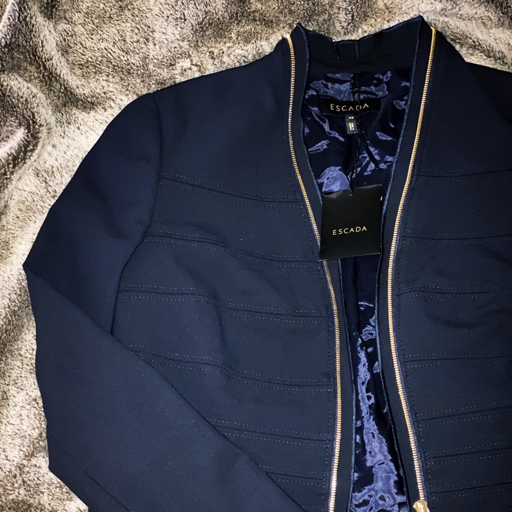 Structured Escada Navy Blazer with Gold Zipper